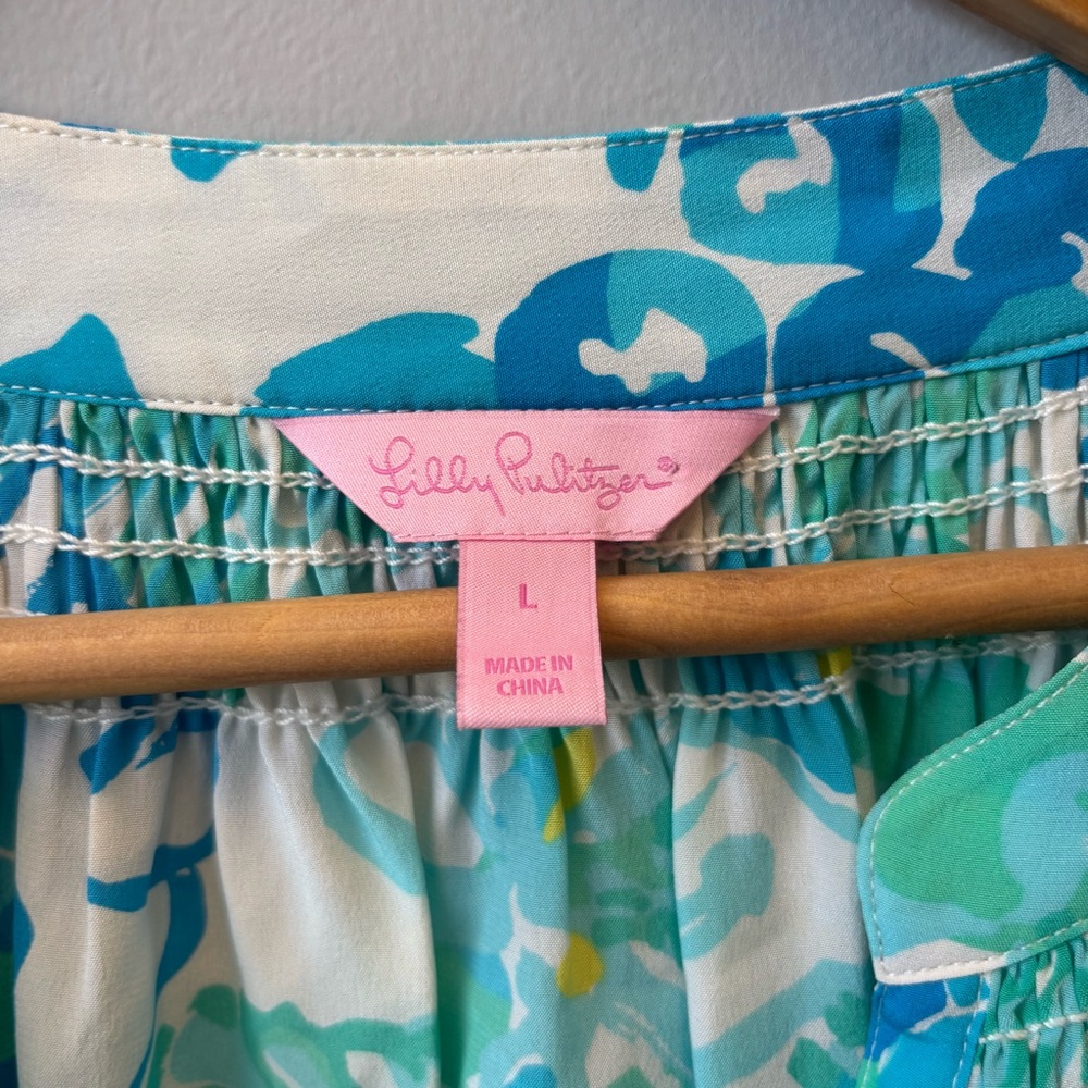Lilly Pulitzer Elsa Silk Top Large Blue Teal Floral - Picture 5 of 15